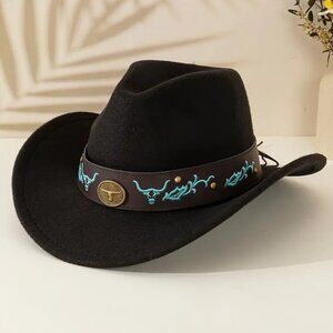 Black Western Cowboy Hat Bull & Turquoise Band Adjustable Felt Wide Brim Cowgirl